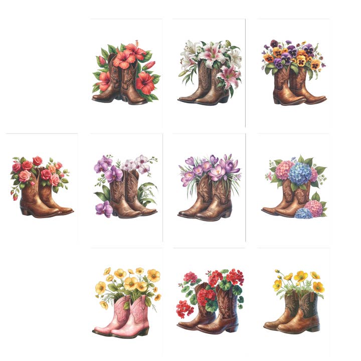 10 Handmade Notecards 4x6 with Envelopes Blank Inside Cowgirl Boots and Flowers for wholesale by Blue Morning Expressions