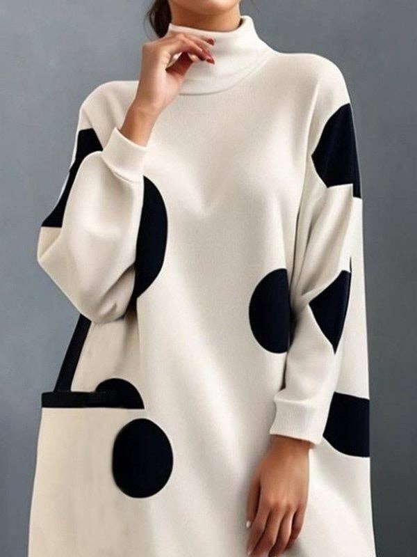WHITE BLACK Long Sleeves Loose Pockets Polka-Dot Mock Neck Mini Dresses for wholesale on Faire2
