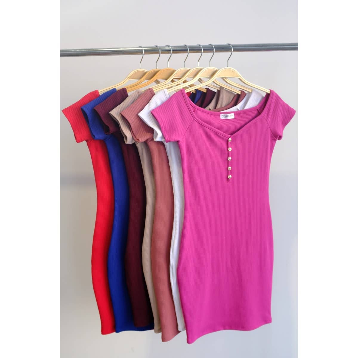 Popular 21 – wholesale Dress – Women's – Buttoned Ribbed Off Shoulder Bodycon Mini Dress 6