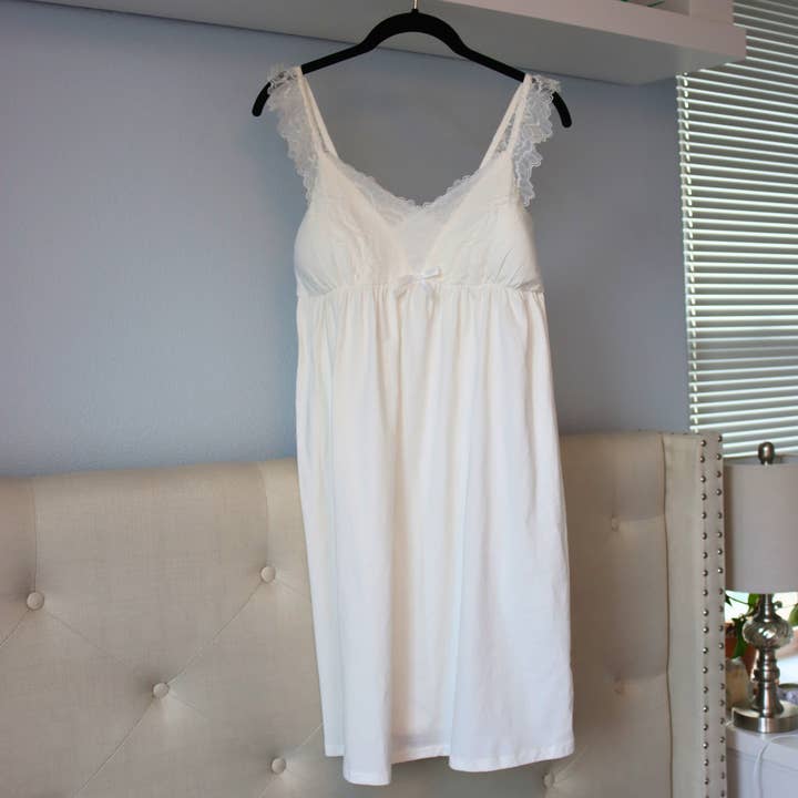White Lace Trim Nightgown with Built-in Bra for wholesale by DrifWoo