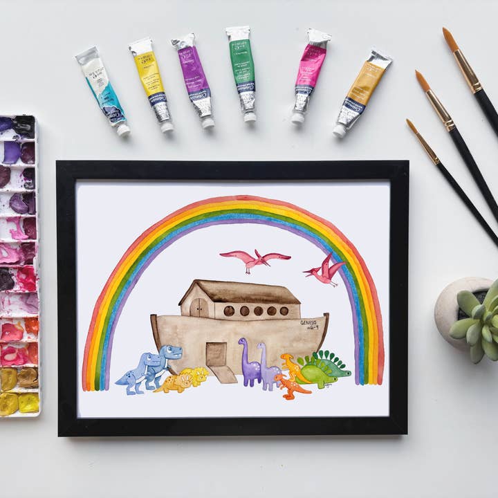 Noah’s Ark Dinosaur Watercolor Print – Bible Story Art for wholesale by Owlfeathers Watercolor