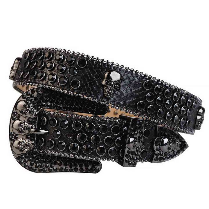 Rhinestone Belt Store – wholesale Bälte - Dam – Svart rem med 7 dödskallar Svart dubbat strassbälte