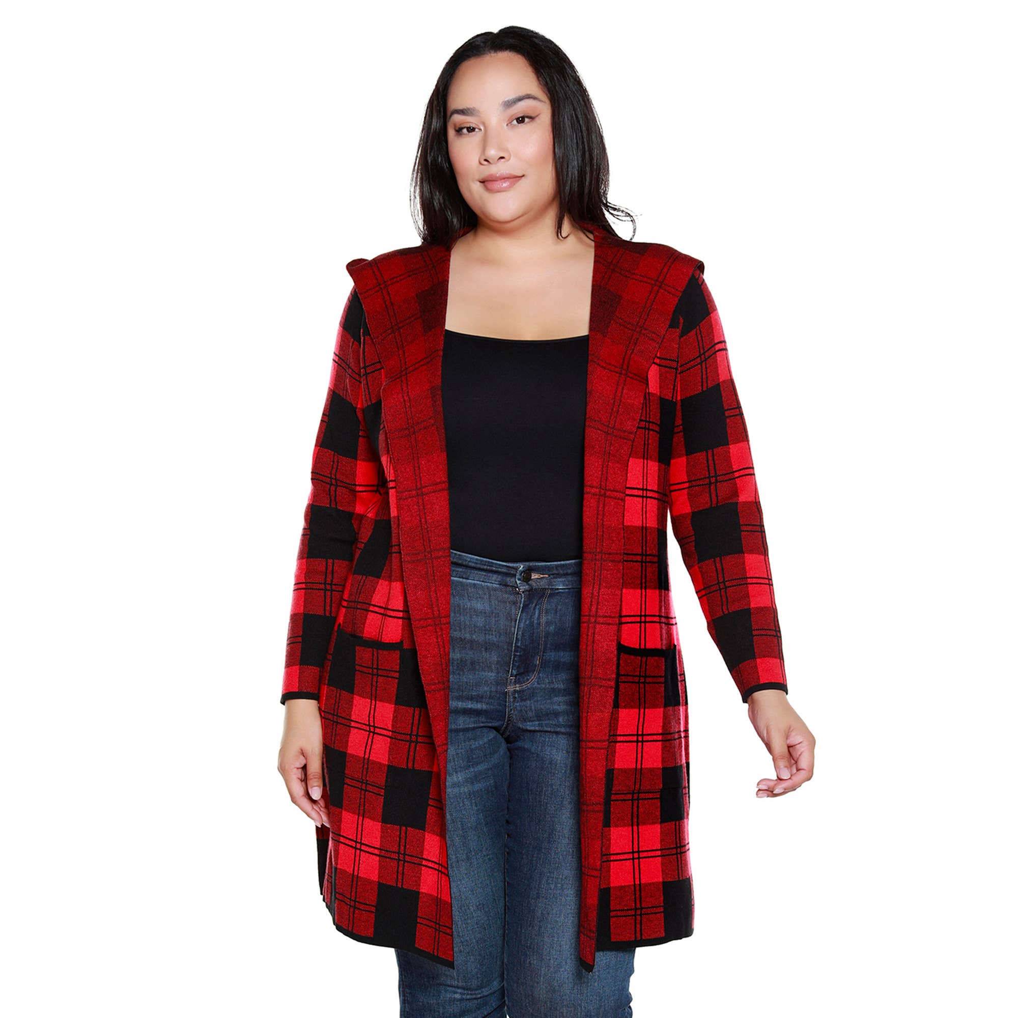 Belldini - Wholesale Cardigan - Women's - Plus Size Hooded Checkered Plaid Coatigan Sweater