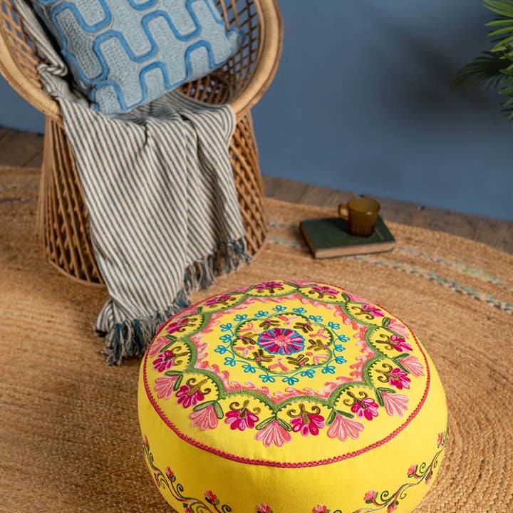 Ian Snow Ltd - Wholesale Pouf - Floral on Yellow Embroidered Pouffe