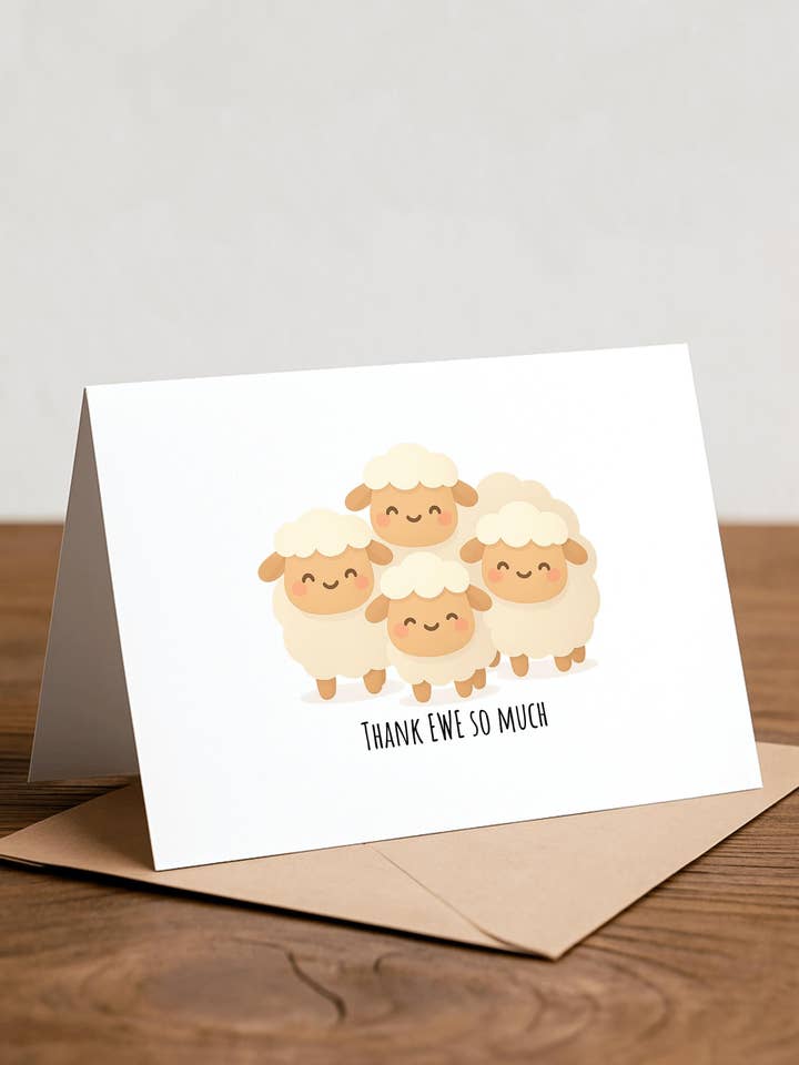 Roligt Tackkort med Får - Handgjort Kort för wholesale av Chewy Lemon Studio