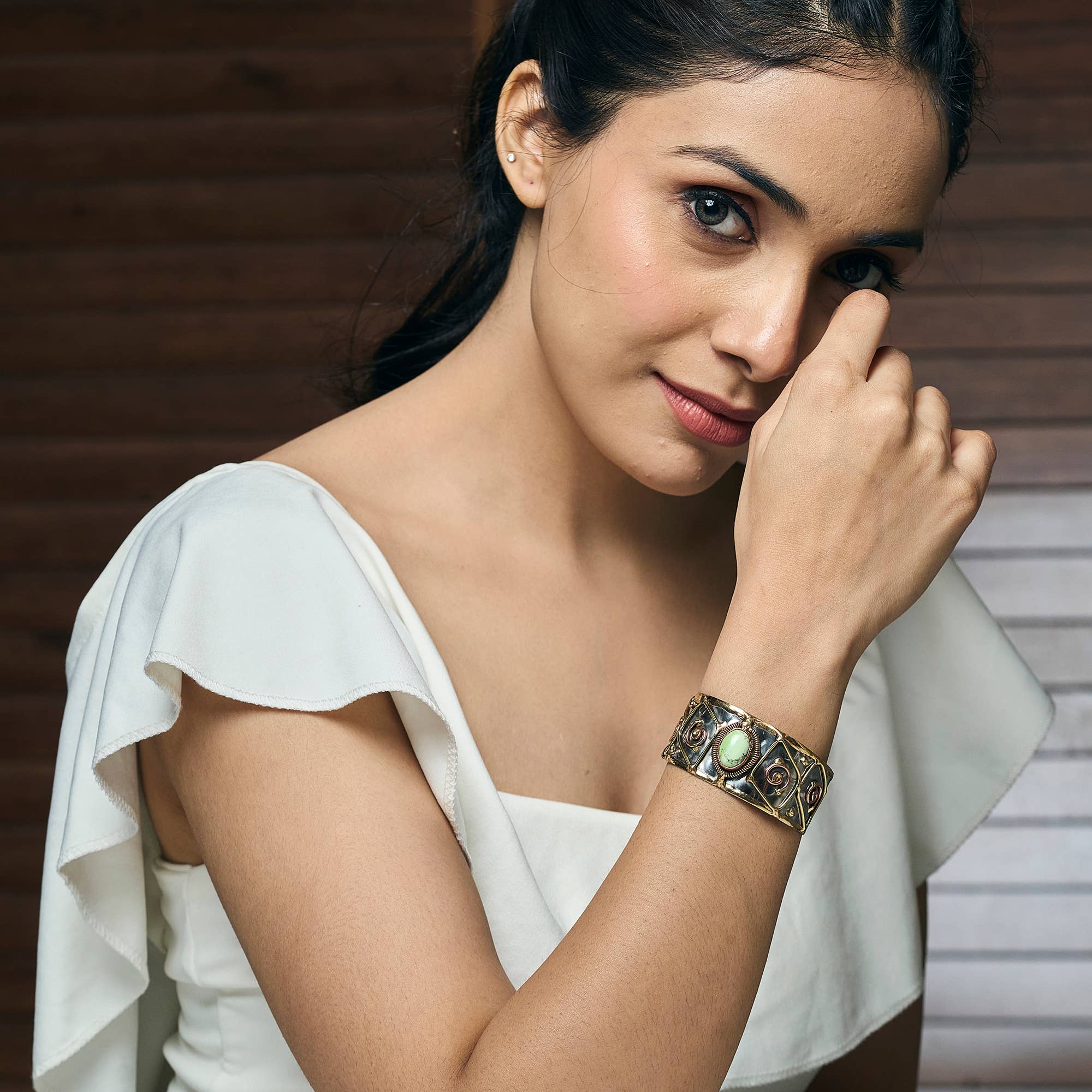 Anju Jewelry - Wholesale Cuff Bracelet - Narrow Mixed Metal Cuff Bracelet - Lemon Chrysoprase2