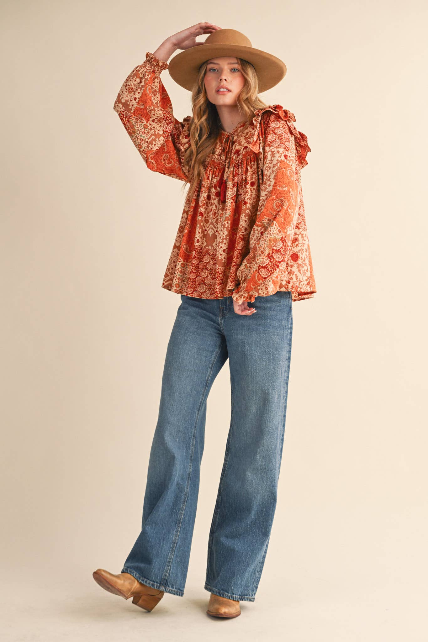 &MERCI - Wholesale Blouse - Women's - PATCHWORK PRINT SMOCKED RUFFLE BLOUSE MTP435019