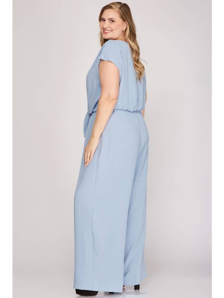 DUSTY BLUE FRONT TIE & KEYHOLE BACK PLUS SIZE JUMPSUIT S12PS for wholesale on Faire