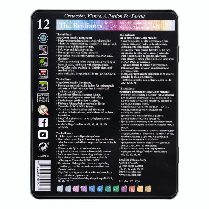MacPherson's - Wholesale Colored Pencil - Cretacolor Mega Metallic Pencil Set, Tin Set of 12