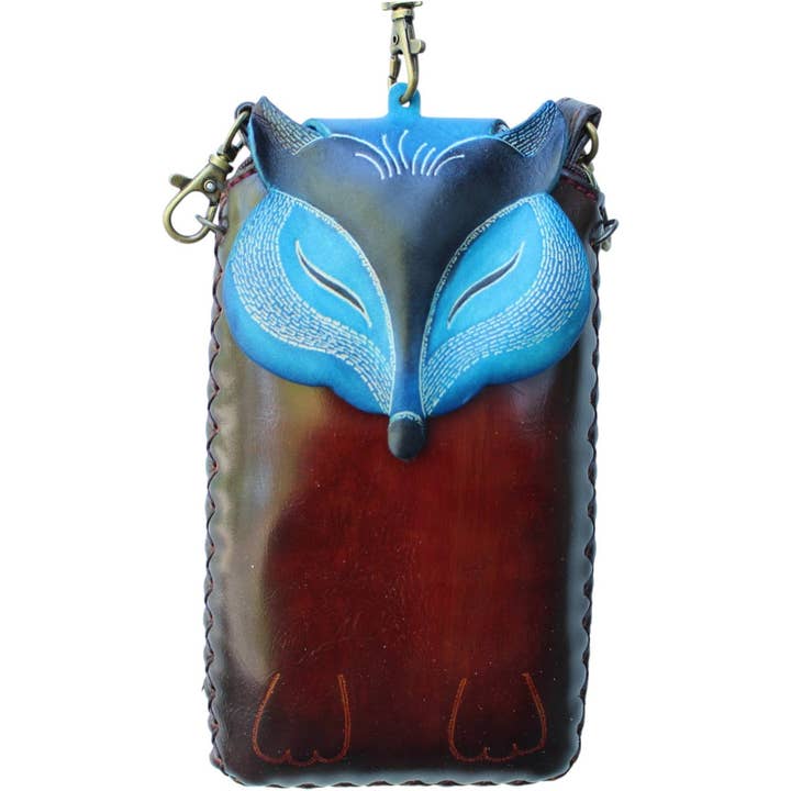 Handmade Leather Fox Cell phone Case Blue IH002 for wholesale by Sunflower Handmade leather inc