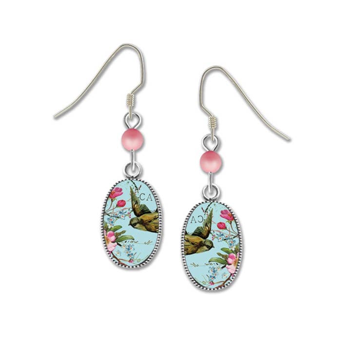 Left Hand Studios - Wholesale Dangle Earrings - Oval Bird With Rose