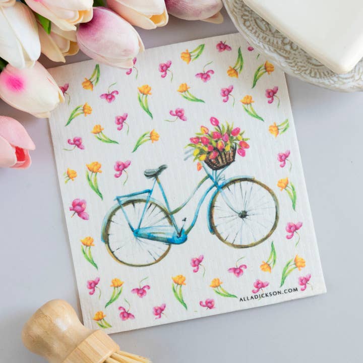 Bike Design Swedish Dishcloth Bicycle and Tulip Dutch Style for wholesale by Alla Dickson Art