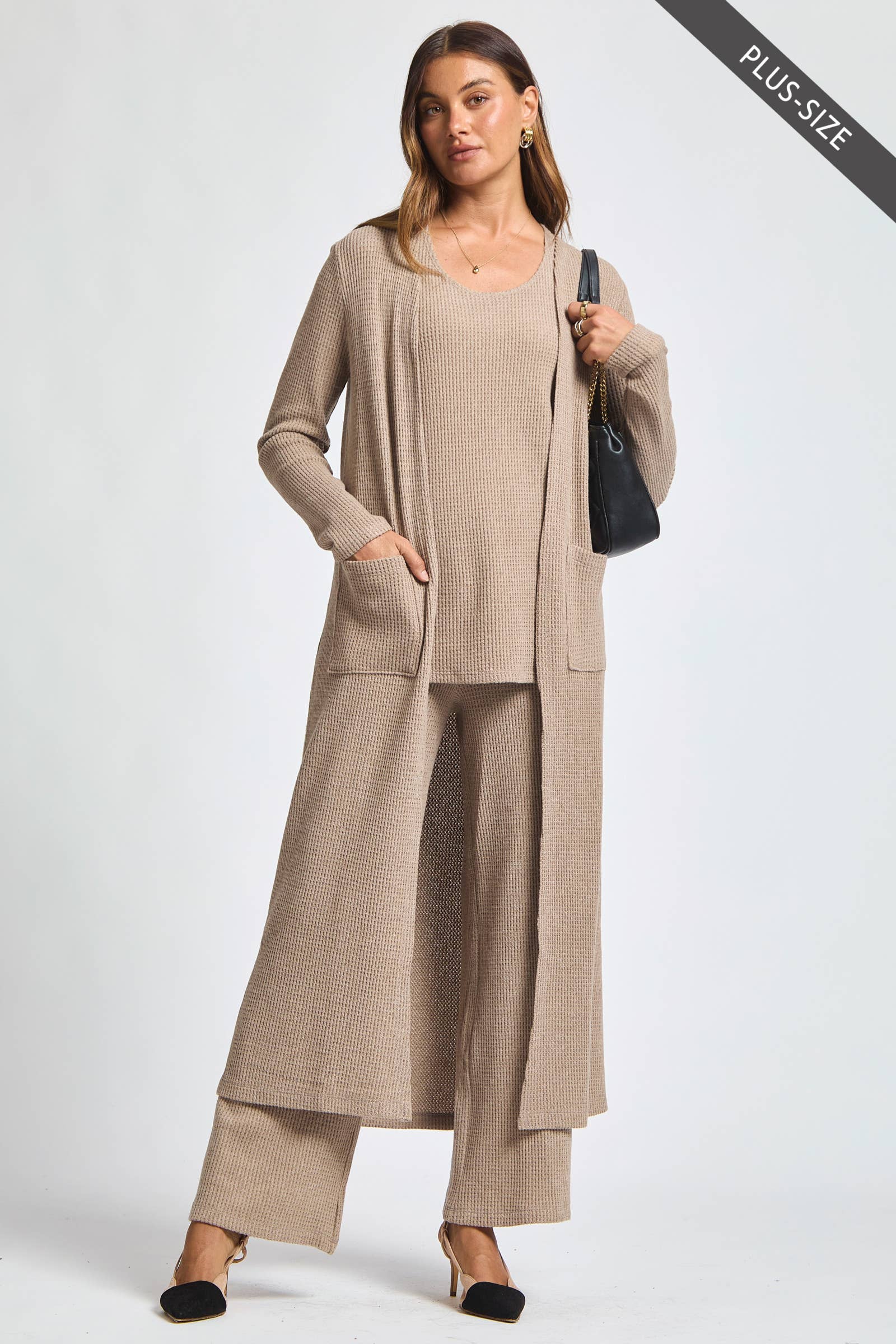 Dear Scarlett - Wholesale Lounge Set - Women's - PLUS SIZE Thermal Sleeveless Tank + Cardigan + Relaxed Pants3