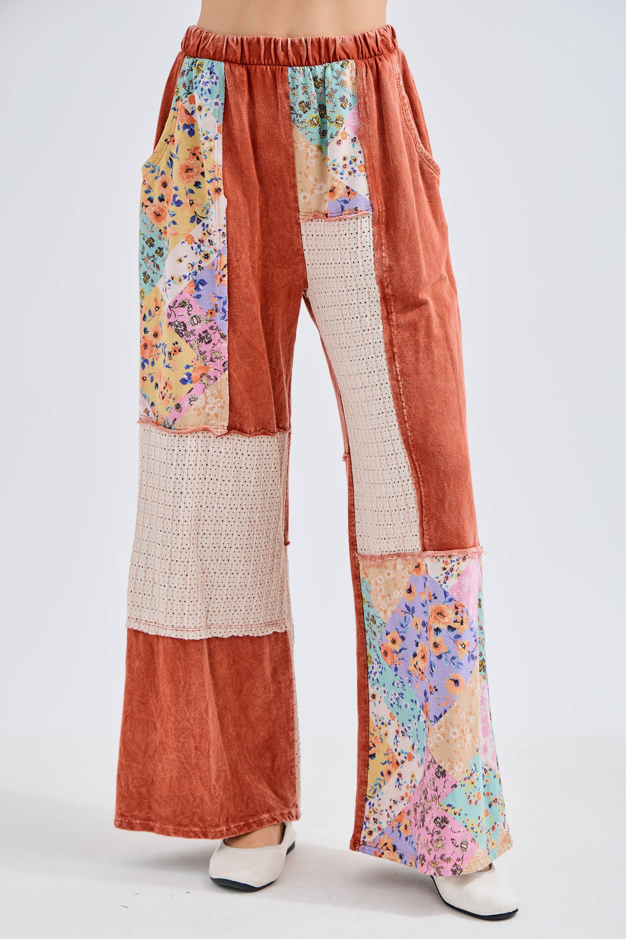 J.Her - Wholesale Pants - Women's - Mineral Washed Floral WaveKnit Jacquard Boho Pants HP610624