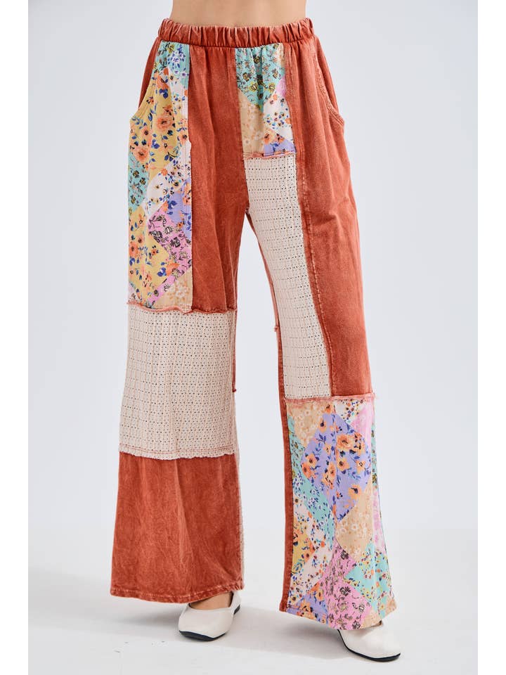 J.Her - Wholesale Pants - Women's - Mineral Washed Floral WaveKnit Jacquard Boho Pants HP610624