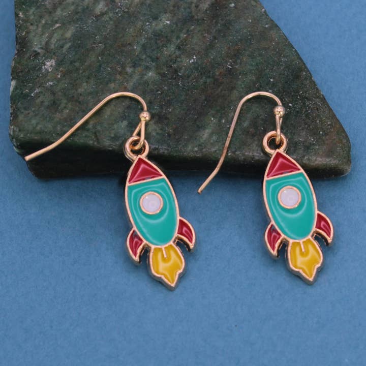 Blast Off Gold Enamel Rocket Earrings for wholesale by ZAD