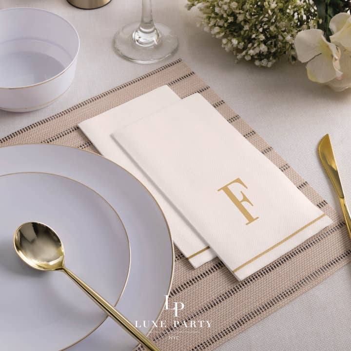 Luxe Party - Wholesale Disposable Napkin - F Gold Monogram Paper Disposable Dinner Napkins | 14 Napkins