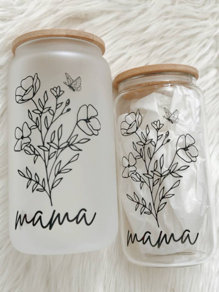 Floral Mama 16oz Glass Cup with Bamboo Lid for wholesale by Emma K Designs