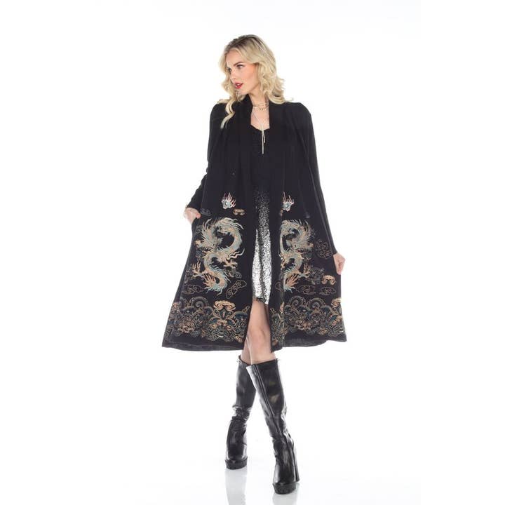 Lange schwarze Strickjacke mit gesticktem Drachen für den Großhandel von Aris A