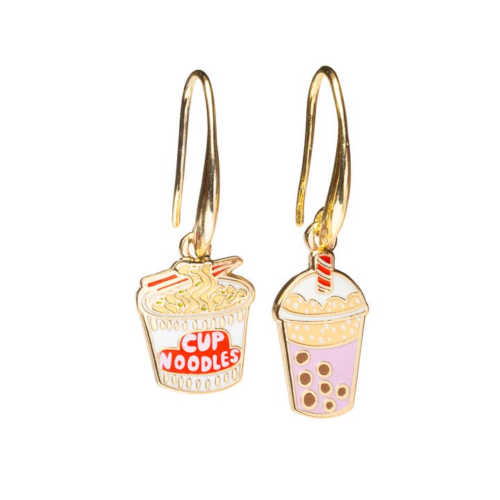 Ramen Noodles & Boba Tea Earrings - Gold Junk Food Statement for wholesale by Yellow Owl Workshop