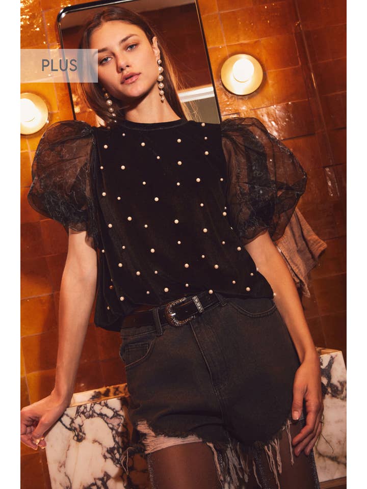 Oddi – Großhandel Bluse – Damen – Plus Samtoberteil mit Perlenverzierung1