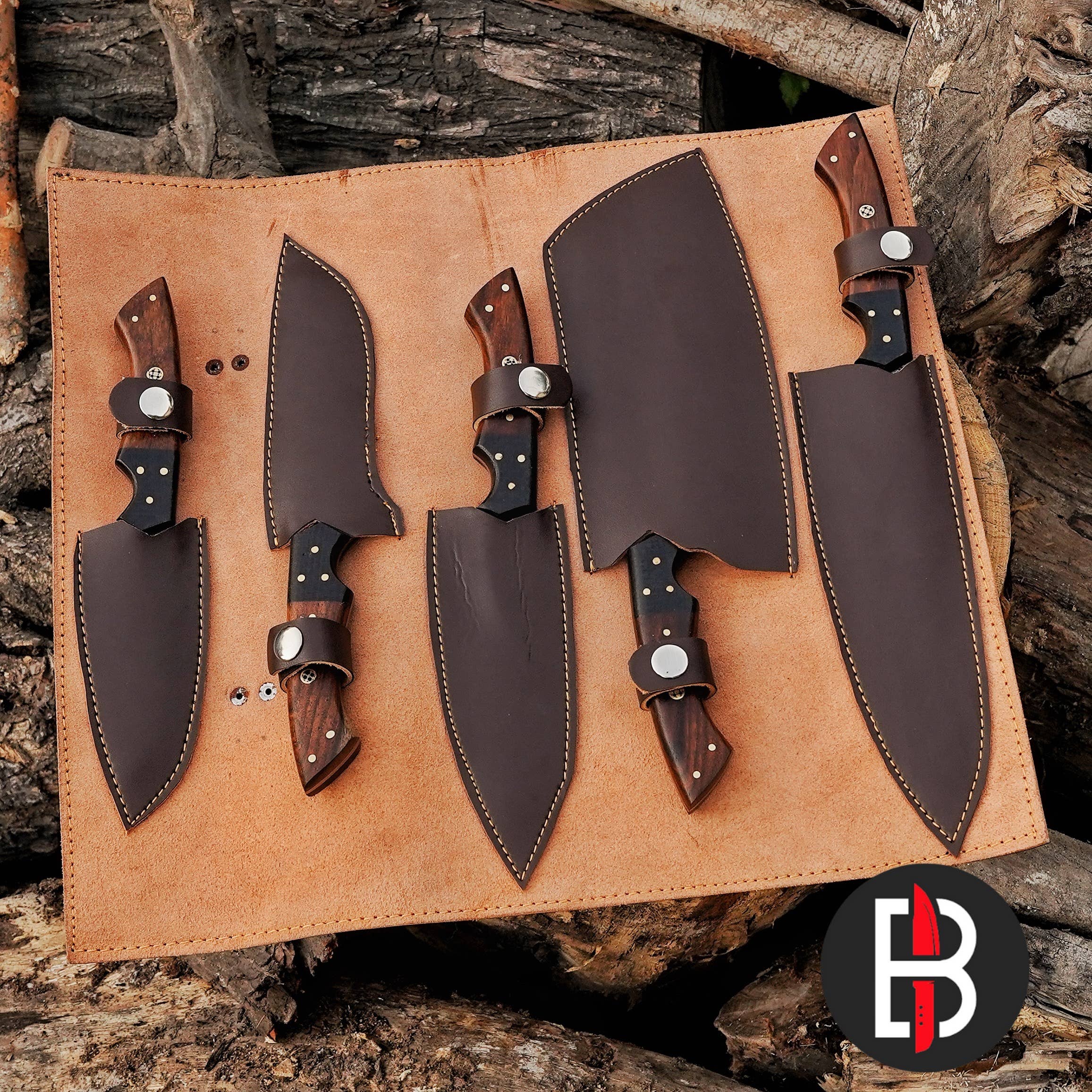 Bravohandicrafts - Wholesale Knife set - Damascus Steel Chef Set Hand Forged BBQ 5 Pcs Kitchen Knives5