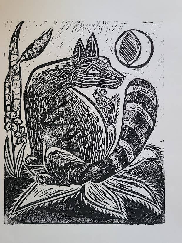 Oaxacan Fox Original Woodblock Print for wholesale by FoxprintCards