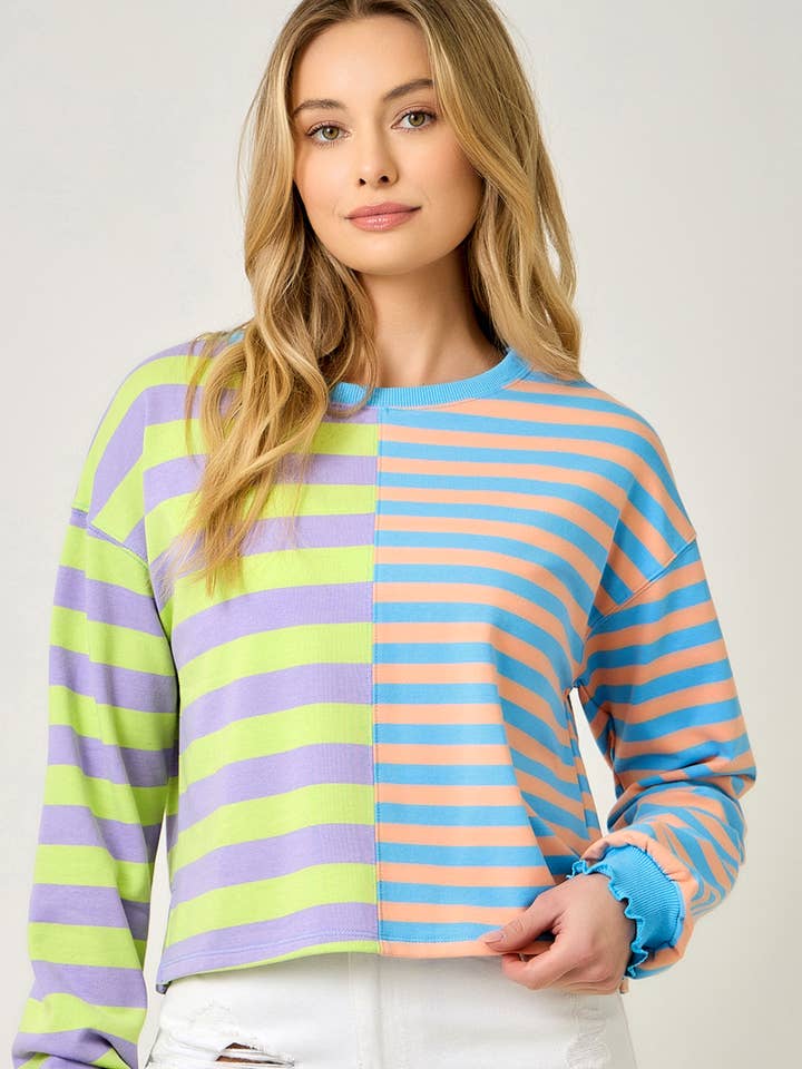 71117 Blandet Stribet Farveblok Terry Pullover for engroshandel hos Mystree