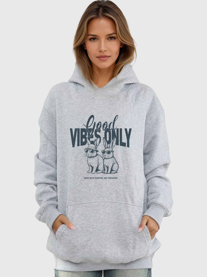 Unisex 280GSM Blended Good Vibes Only Bunny Printed Hoodie for wholesale by Missi Clothing