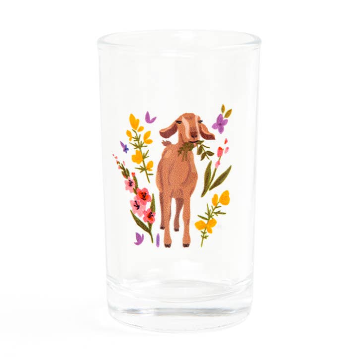 Verre à jus mini floral folklorique chèvre brune pour la vente par Paper Farm Press