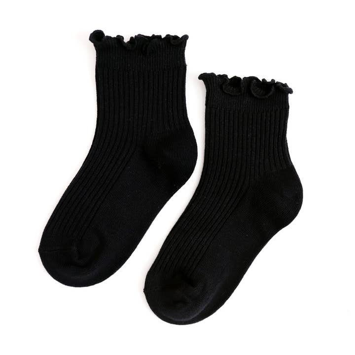 Ribbed Lettuce Trim Midi Socks - Black for wholesale by Little Stocking Co.