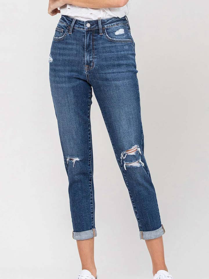 SUPER HIGH RISE DISTRESSED CUFFED MOM JEANS V2104 for wholesale by VERVET by FLYING MONKEY