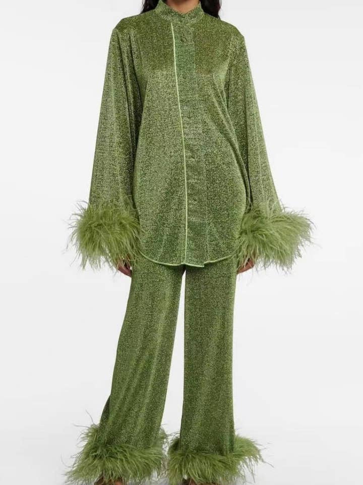 Jiawaknitart - Wholesale Top & Pant Set (NOT Loungewear) - Women's - Feather Collar Top with Casual Pants Set1