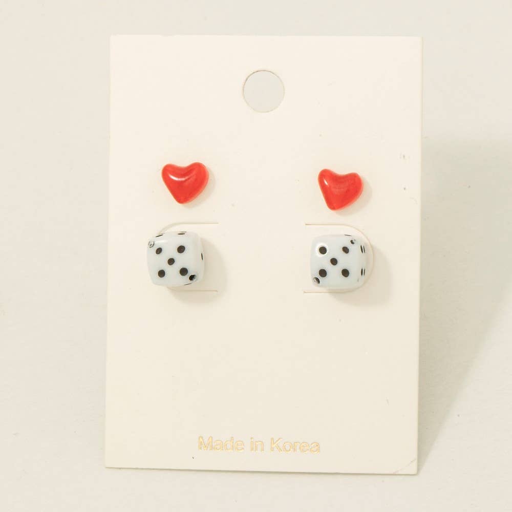 Fame Accessories - Wholesale Stud/Post Earrings - Dice And Hearts Acrylic Stud Earrings Set1