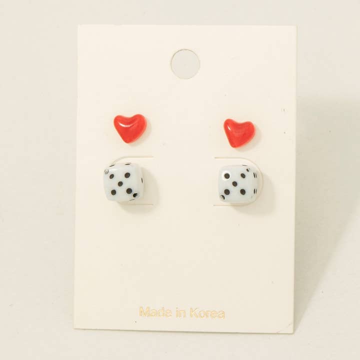 Fame Accessories - Wholesale Stud/Post Earrings - Dice And Hearts Acrylic Stud Earrings Set1