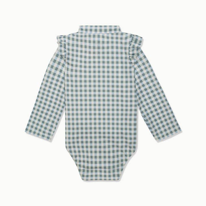 Faded Denim Recycled Polyester Blue Zipped Baby Rashguard for wholesale on Faire