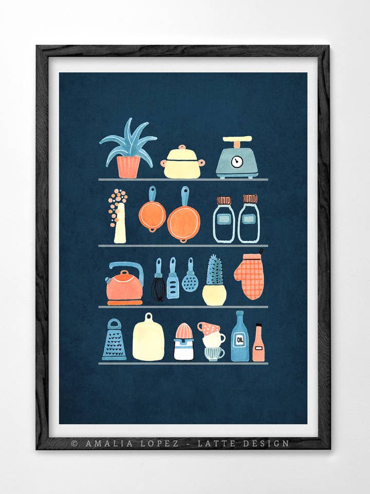 Kitchen shelves Art Print. Blue kitchen print for wholesale by Latte Design