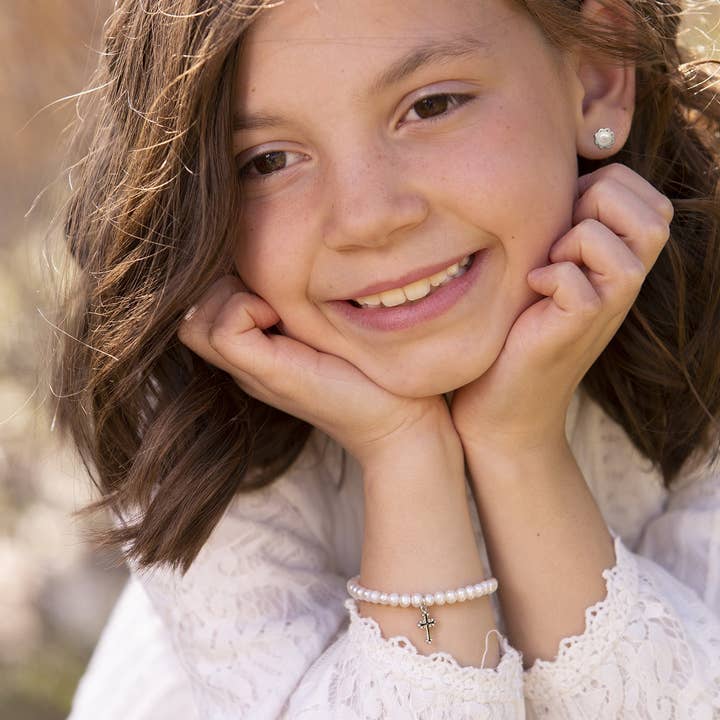 Cherished Moments - Wholesale Beaded Bracelet - Kids - Girls Silver Pearl Cross Baby Baptism and Communion Bracelet
