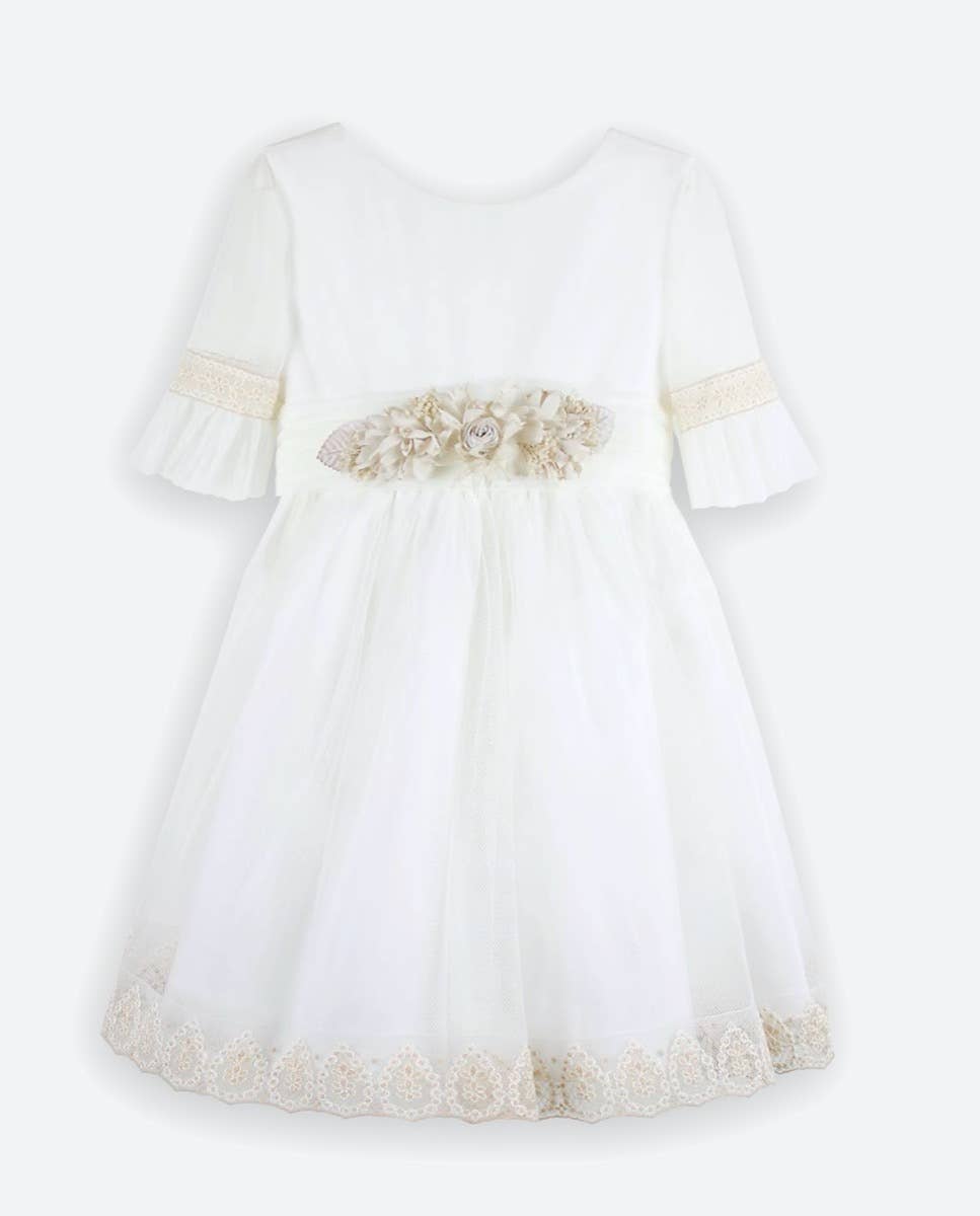 Amaya - Vendita all'ingrosso Vestito - Bambini - Abito da cerimonia per bambina in tulle grezzo con pizzo ricamato verde acqua1