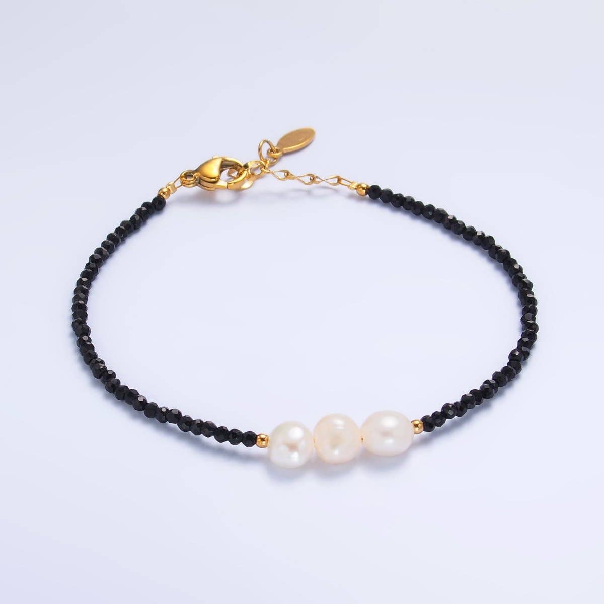 Aim Eternal – wholesale Beaded bracelet – Stainless Steel Triple Shell Pearl Onyx Natural Gemstone 6.5 Inch Bracelet | WA-31290