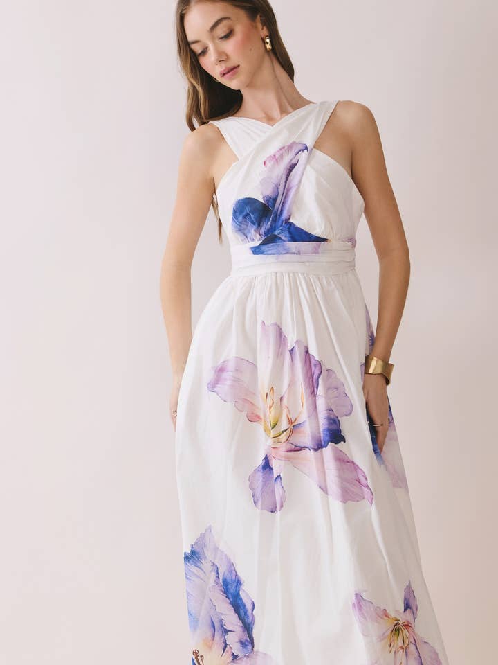 CD06244-Floral Print Cross Halter Neck Midi Dress for wholesale by TCEC