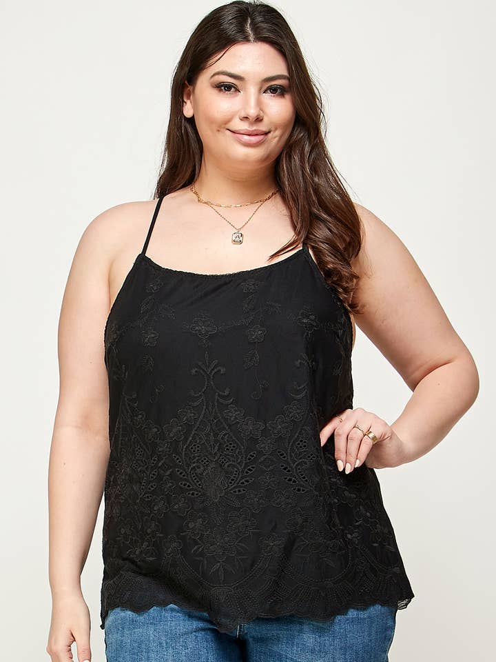 Plus Size Embroidered Mesh T-Back Cami - SS2737P-T for wholesale by Haute Fox Plus Size & Contemporary