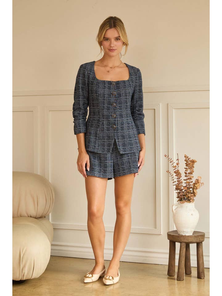 Navy Multi Squared Neck Tweed Jacket for wholesale on Faire1