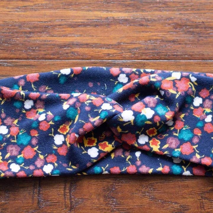 Navy floral knot headband for wholesale by Square Lane Boutique