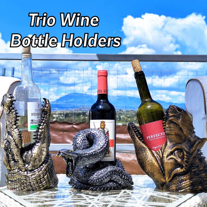 Trio Wine Holder Set – T-Rex, Snake & Crocodile Holder for wholesale by Modern Wood Cases