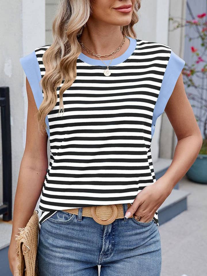 NINEXIS - Wholesale T-Shirt - Women's - CWTTSL0320_SUMMER STRIPED ROUND NECK SHORT SLEEVE T-SHIRT
