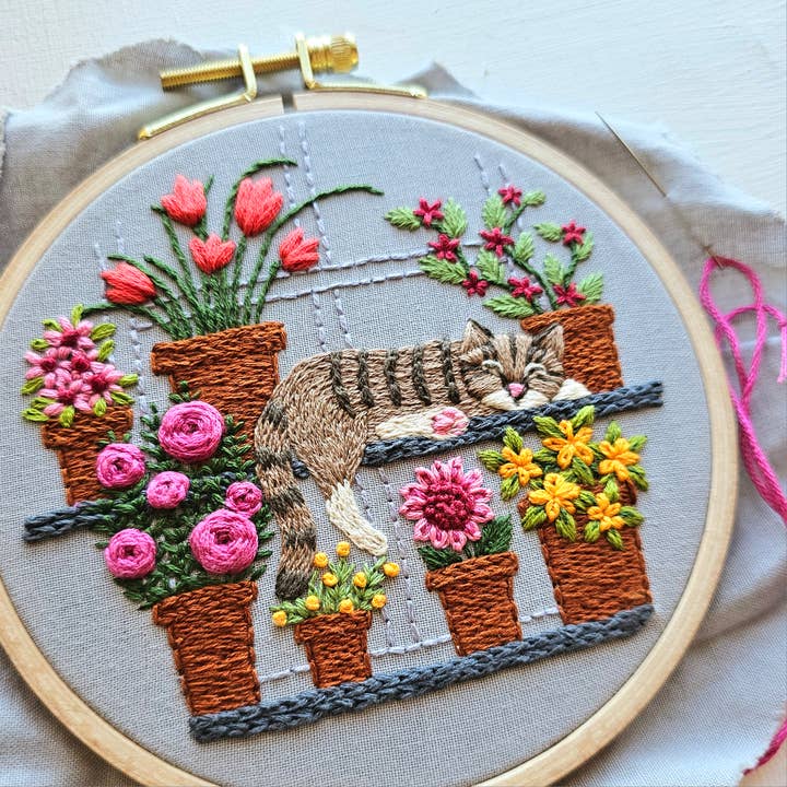 Jessica Long Embroidery - Wholesale Embroidery/Cross Stitch Supplies - Catnap with Flowers Embroidery Kit