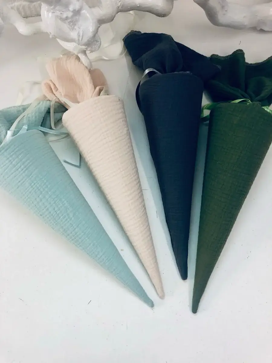 Küstenfieber® – Großhandel Partygeschenk – Musselin Schultüte Mint – Handmade – 35 cm / Ø 12 cm oder 706