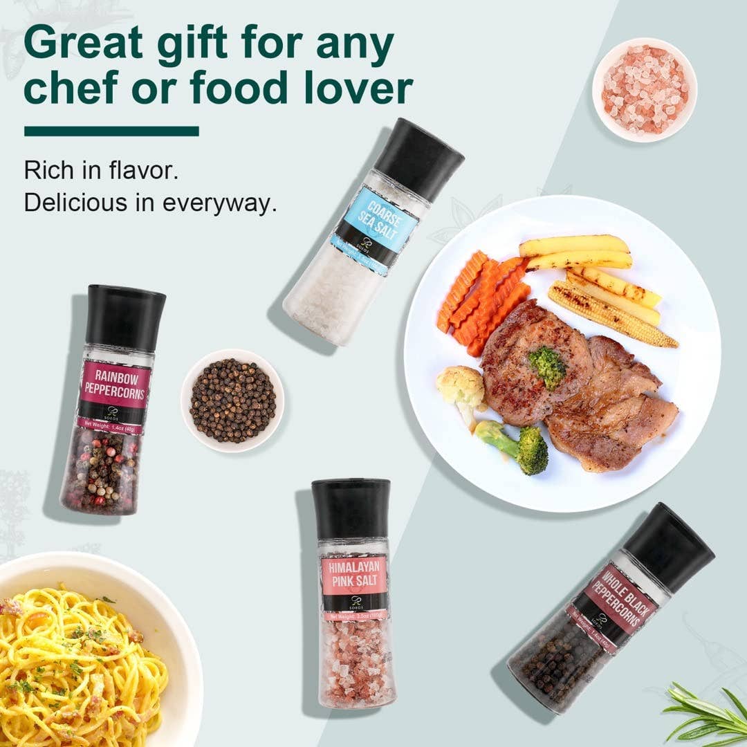 soeos – wholesale Salt & pepper mix – Soeos Black Peppercorns + White Sea Salt + Rainbow Peppercorns + Pink Salt, 9.8oz(277.82g) Spice Total, Plastic Bottle Grinder with Spice Included2