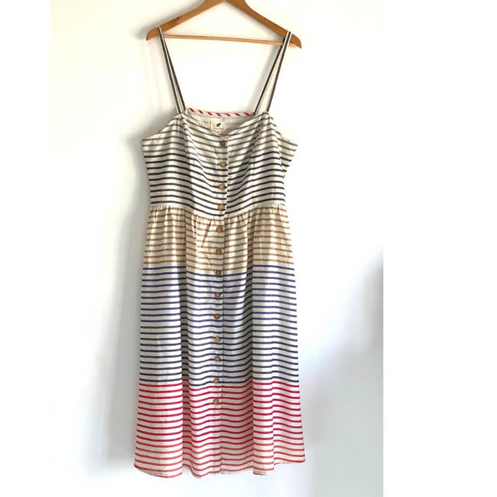 The Indian Bazaar - Wholesale Dress - Women's - Womens Striped Sun Dress - Button Down Midi, Straps, Pockets1